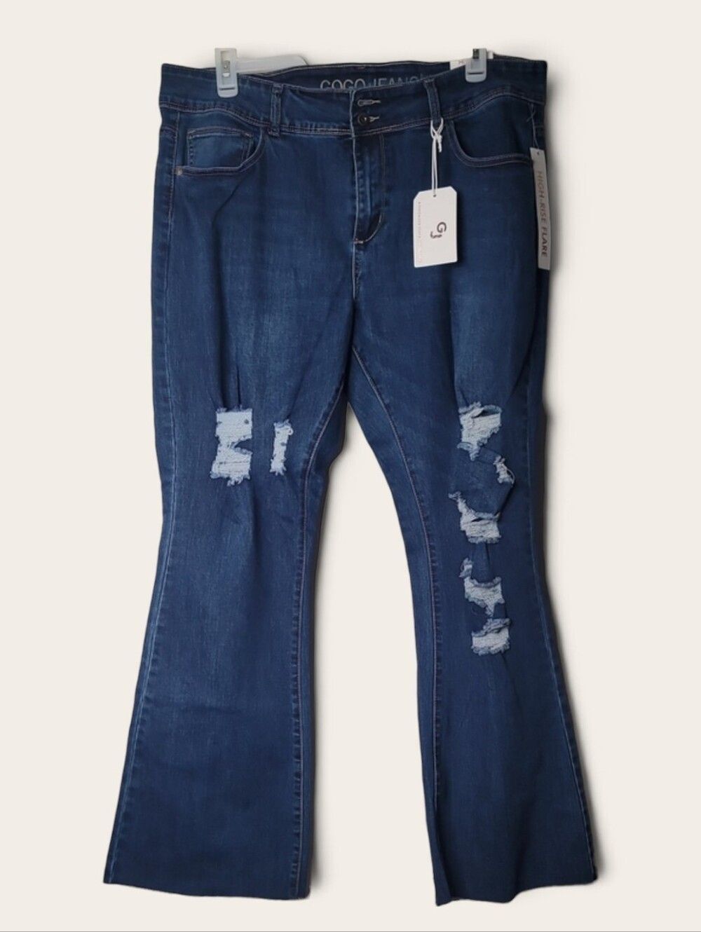 Jeans Women's Dark Blue Distressed High-Rise Flare Denim Size 20